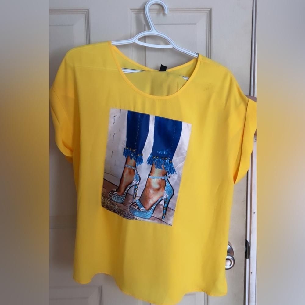 Yellow Top with Blue Graphic Print